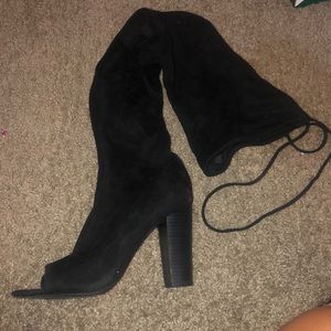 Black thigh high open toe boots size 9